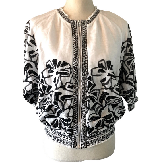 Linen Embroidered Black and White Short Sleeve Jacket zip front size medium - Picture 3 of 14